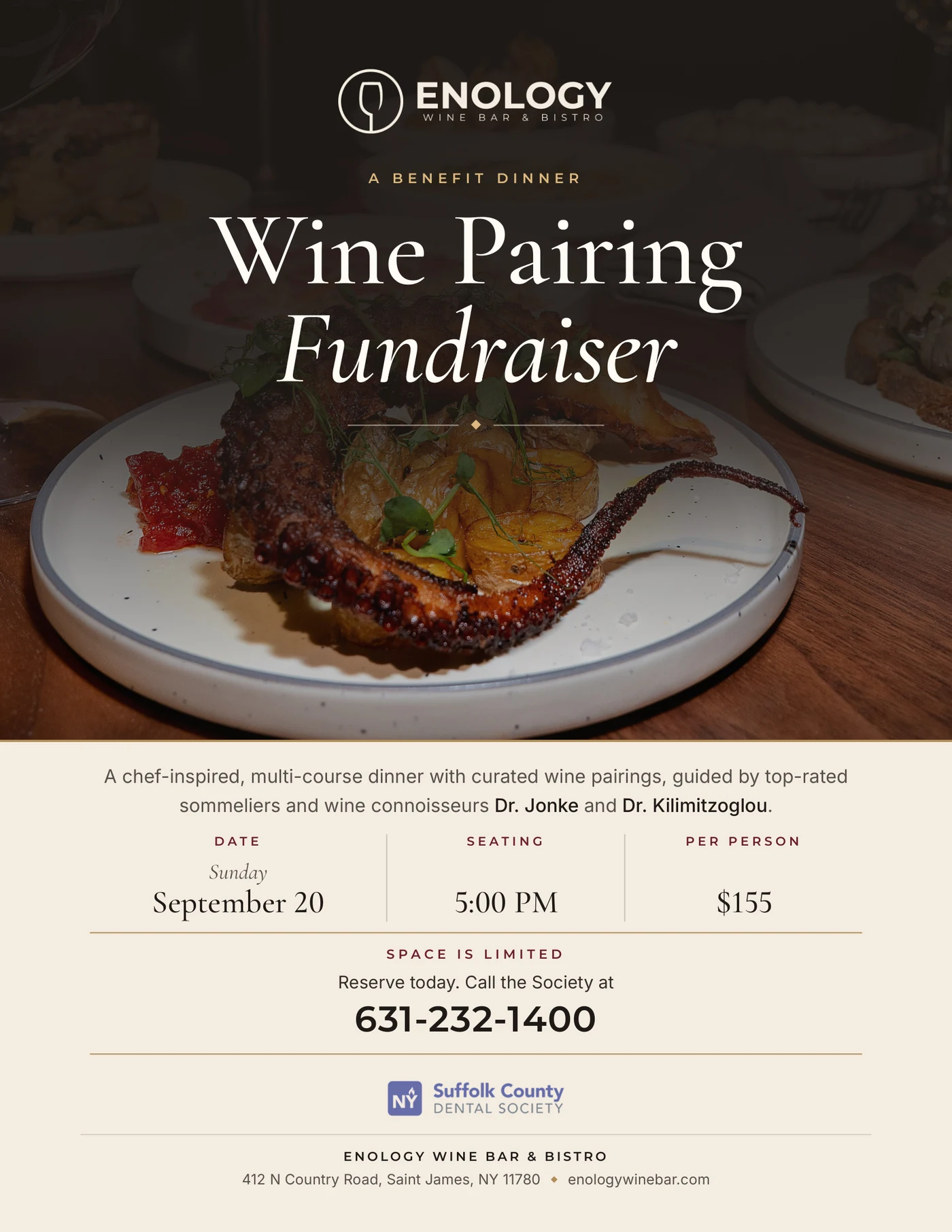 Enology Wine Bar & Bistro benefit dinner flyer: Wine Pairing Fundraiser, Sunday September 20, 5 p.m. seating, $155 per person, reservations at 631-232-1400, benefiting the Suffolk County Dental Society.